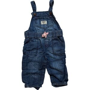 OshKosh BGosh Baby Girls 9M Denim Overalls Snap Bib Pink Bow